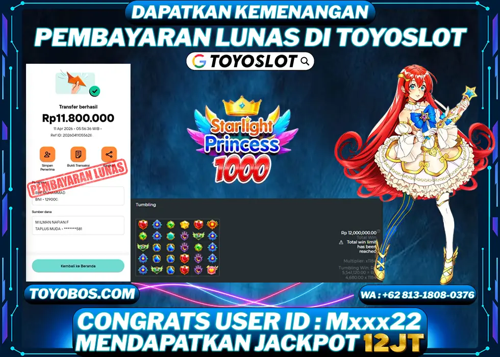 TOYOSLOT - BUKTI KEMENANGAN Starlight Princess x1000 Rp12,000,000,- LUNAS